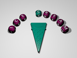 ice cream icon surrounded by the text of individual letters, 3D illustration for background and cold
