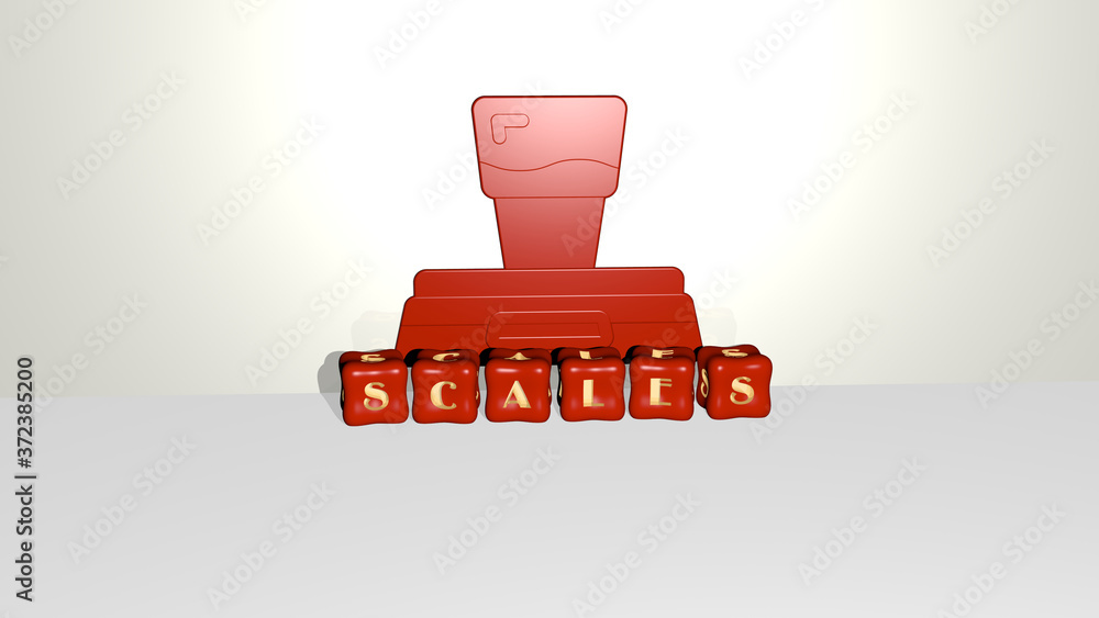 Poster 3d illustration of scales graphics and text made by metallic dice letters for the related meanings o