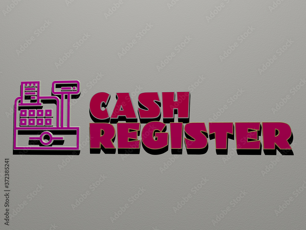 Poster 3d representation of cash register with icon on the wall and text arranged by metallic cubic letters