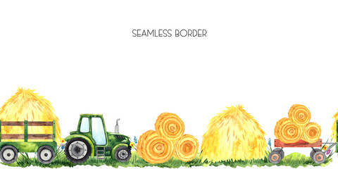 Watercolor hand painted autumn harvest seamless border with bright green tractor and haystacks on the green grass - 372385293