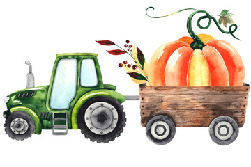 Watercolor hand painted autumn harvest composition with bright pumpkins and green tractor