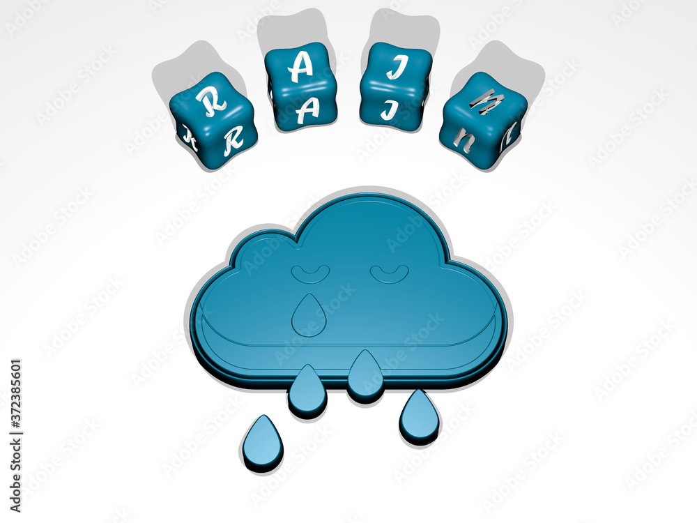 Poster 3d illustration of rain graphics and text around the icon made by metallic dice letters for the rela