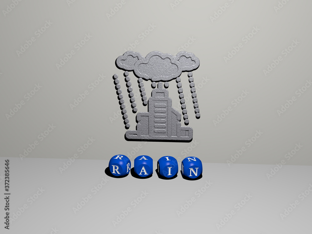 Poster 3d illustration of rain graphics and text made by metallic dice letters for the related meanings of 