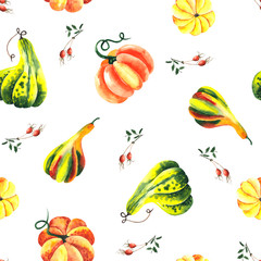 Watercolor hand painted autumn harvest seamless pattern with bright autumn pumpkins, tractors, trailer, wheelbarrow, haystack, bags.