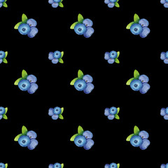 Seamless pattern with blueberries and blueberry leaves. Suitable for postcards, wrapping paper, wallpaper, as a drawing on fabric. The work is done in watercolor.