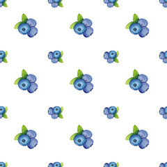 Seamless pattern with blueberries and blueberry leaves. Suitable for postcards, wrapping paper, wallpaper, as a drawing on fabric. The work is done in watercolor.