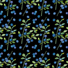 Seamless pattern with blueberries and blueberry leaves. Suitable for postcards, wrapping paper, wallpaper, as a drawing on fabric. The work is done in watercolor.