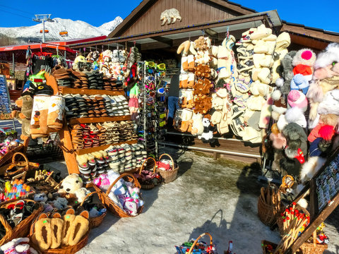 Tatranska Lomnica, Slovakia - January 01, 2020: Tatranska Lomnica City, sale of traditional souvenirs from Tatry