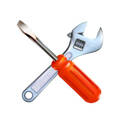 Crosshairs of realistic hand adjustable wrench and red professional screwdriver isolated on white background. 3d photo-realistic chrome metal tool