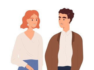Young couple having friendly conversation vector flat illustration. Smiling man and woman talking together isolated on white. Portrait of happy people looking to each other enjoying communication