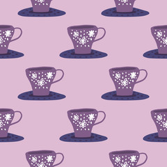 Simple kitchen ornament pattern with cups on liquids. Purple and lilac palette. Stylized doodle print.