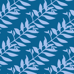 Tropical leaves silhouettes hand drawn seamless pattern. Bright blue background. Minimalistic botanic art.