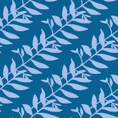 Tropical leaves silhouettes hand drawn seamless pattern. Bright blue background. Minimalistic botanic art.