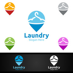Pin Laundry Dry Cleaners Logo with Clothes, Water and Washing Concept