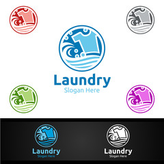 Laundry Dry Cleaners Logo with Clothes, Water and Washing Concept