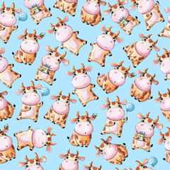Watercolor children's pattern with cows and bulls