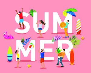 Vector illustration with summer background. Young people enjoy the summer and play among themselves, eat tropical fruits