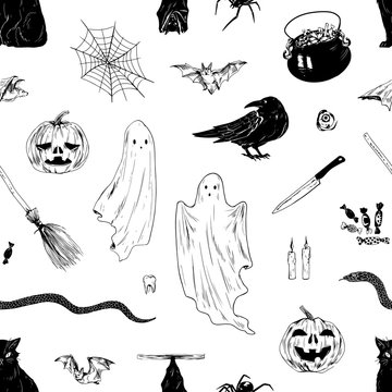 Monochrome hand drawn Halloween elements seamless pattern. Traditional All saints day symbols and accessories vector illustration. Autumn seasonal holiday scary characters