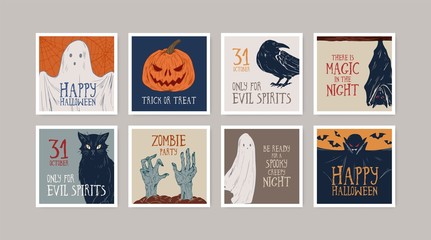 Set of different hand drawn Halloween greeting cards vector illustration. Collection of postcards with symbols and lettering congratulation to All saints day isolated. Autumn seasonal holiday
