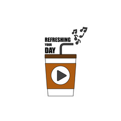 Coffee mug and musical note with lettering 'REFRESHING YOUR DAY' flat vector design on white background