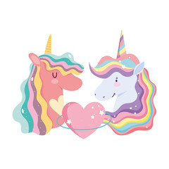 cute unicorns portrait rainbow mane heart and star cartoon