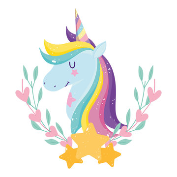 unicorn with rainbow hair flowers stars decoration fantasy cartoon