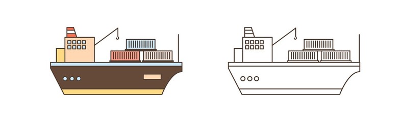 Colorful and monochrome icon set of cargo ships with crane and containers in line art style. Sea watercrafts carrying and loading goods vector illustration. Freight vessels with winches isolated