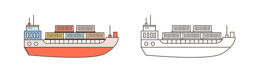 Set of colorful and monochrome cargo ships containerships in line art style. Sea watercrafts of delivery service side view vector illustration. Modern commercial trade goods shipment icons