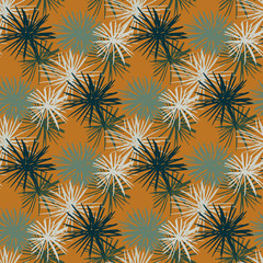 Seamless star urchin abstract silhouettes pattern. White, grey and navy blue ocean ornament on orange background.