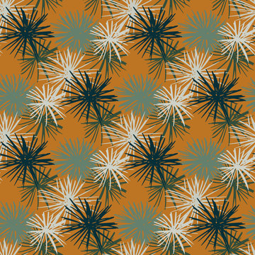 Seamless Star Urchin Abstract Silhouettes Pattern. White, Grey And Navy Blue Ocean Ornament On Orange Background.