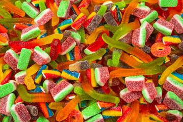 Assorted gummy candies. Top view. Jelly  sweets background.