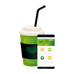 mockup disposable coffee and smartphone with sign of green company, corporate identity vector illustration design