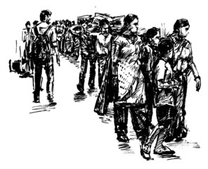 Fototapeta na wymiar Drawing of the local people are walking at market in India hand draw 