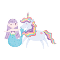 unicorn and mermaid magic cartoon isolated icon design