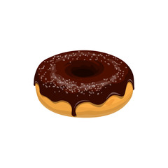 Donut with chocolate topping isolated. Vector doughnut cake with brown glaze and sugar