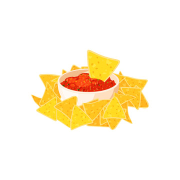 Nachos and chili pepper salsa vector isolated icon. Mexico nachos chips fast food snack