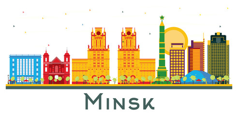 Minsk Belarus City Skyline with Color Buildings Isolated on White.