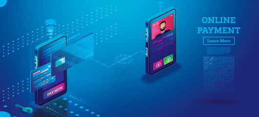 Online Payment with Mobile Phone Isometric Concept. Online shopping.