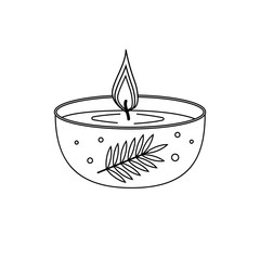 Burning candle decorated black outline white background, isolated, sketch, coloring, clipart, design, decoration, icon