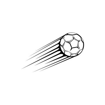 Flying american football ball isolated monochrome icon. Vector fast moving soccer ball leaving trace, sport equipment, trail from shoot of football. College school championship competition sign