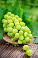 Green grape in Bamboo basket on wooden table in garden, Shine Muscat Grape with leaves in blur background.