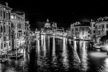 Black White Grand Canal Salut Church Night Venice Italy