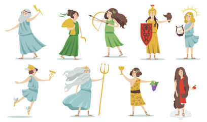 Olympian gods and goddesses. Poseidon, Venus, Hermes, Athena, Cupid, Zeus, Apollo, Dionysus. For Greek mythology, ancient Greece culture concept. Isolated vector illustrations set. © SurfupVector