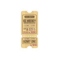 Ice hockey first league championship isolated retro ticket template. Vector admit one on ice arena, vintage ticket with cutting line, admit one. Winter sport tournament invitation card, date and seat