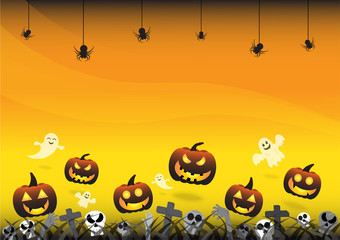 happy halloween with pumpkin, ghost and spider on orange and yellow color background concept with empty space for display logo and content, creative design vector illustration