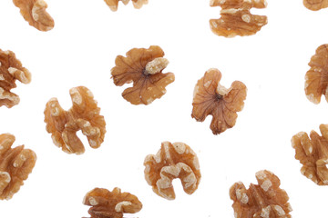 Organic Walnut kernels isolated on white background.