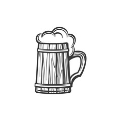 Wooden mug of beer isolated alcohol drink monochrome sketch. Vector Oktoberfest holiday symbol, cider beverage with foam. Light or dark ale in lager, wooden glass with handle, brewery product