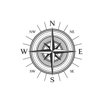 Wind-rose navigation symbol isolated compass sign in black and white. Vector topography instrument, orientation and direction pointing object with longitude and latitude dial, marine navigation symbol