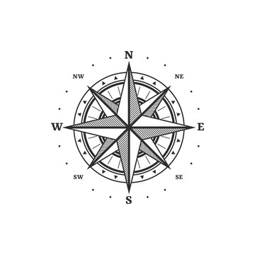 Maritime navigation equipment, retro windrose isolated monochrome icon. Vector vintage compass, marine orientation instrument with dial and arrows, pointing on north and south, east or west