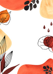 Botanical Line and Abstract Art frame with black silhouettes of plants and pitchers with bright autumn abstract spots